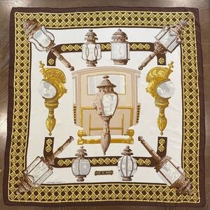 Hermes Paris Silk Scarf with Gold and Brown 34”